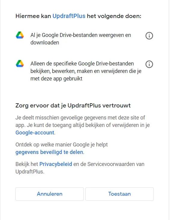 WordPress backup maken 8 Toestemming Google Drive UpdraftPlus.jpg